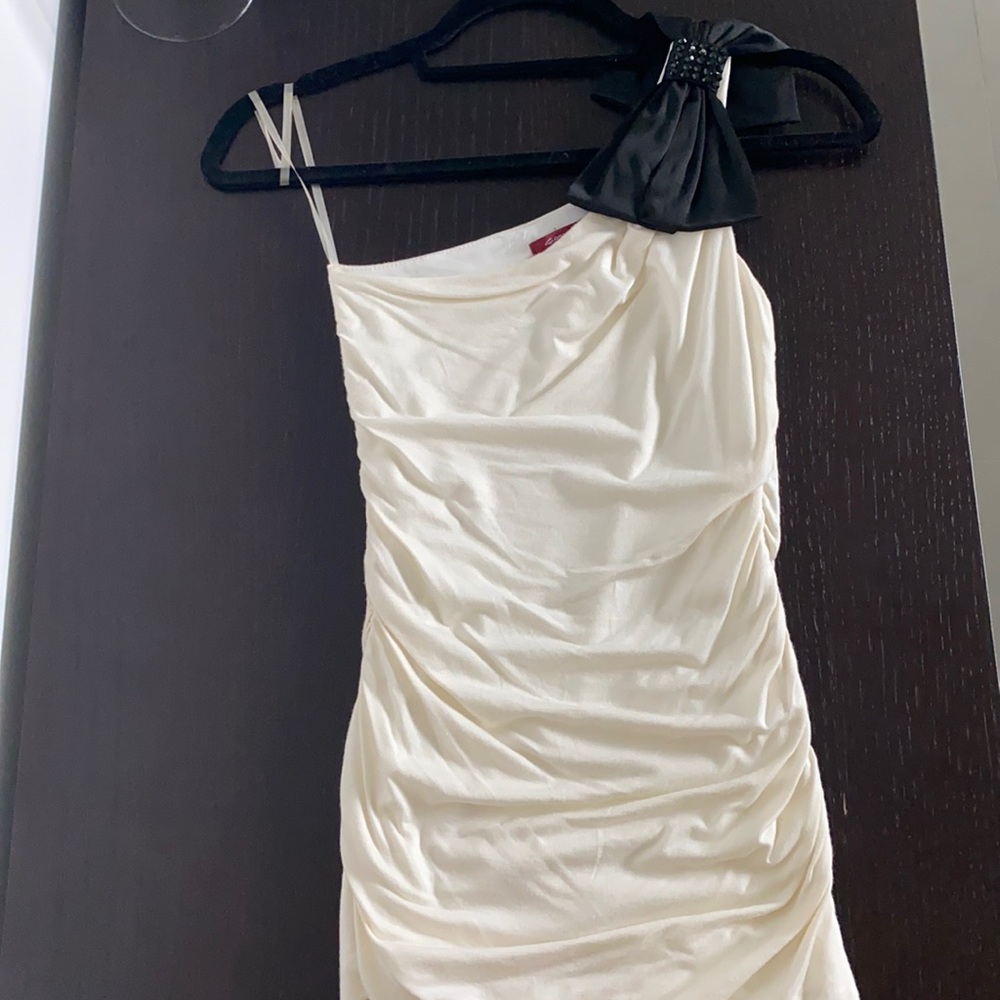 One shoulder small ivory top with black bow and crystals rushed sides Y2K party